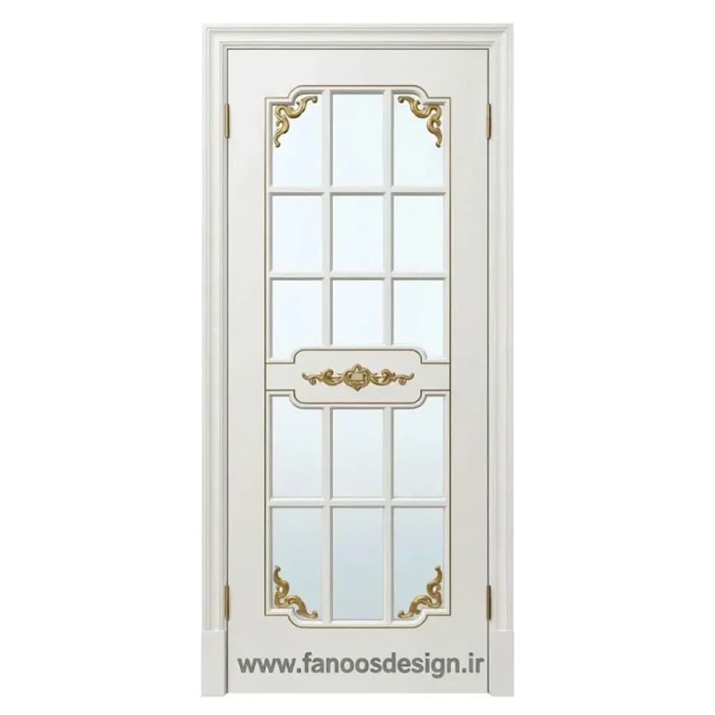 درب سفید کلاسیک شیشهکاری تزئینی و نقش طلایی لوکس کد 30314
