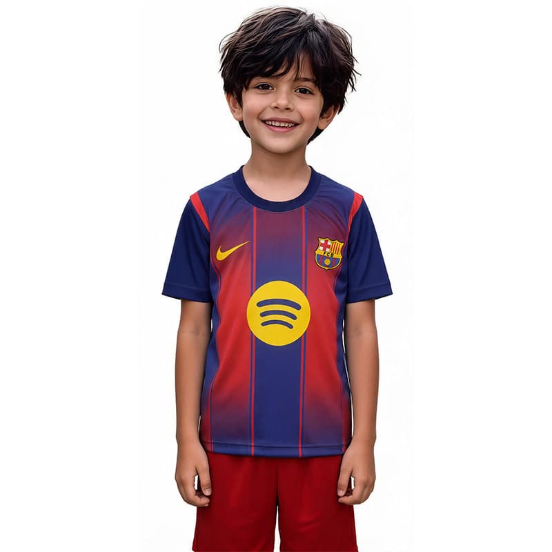 لباس بچه گانه اول بارسلونا 2026 طرح یامال نسخه اقتصادی + شورت