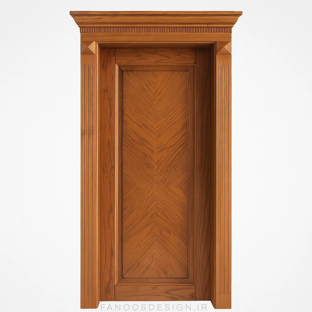 درب چوبی کلاسیک روکش بلوط جناقی با چهارچوب تاج دار سایز 77*211 کد 30255