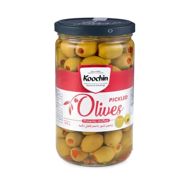 زیتون شوربا مغزفلفل دلمه 650 گرم کوچین کاله Aceitunas Verdes en Salmuera Rellenas de Pimiento Morrón Kochin Kaleh – 650 g