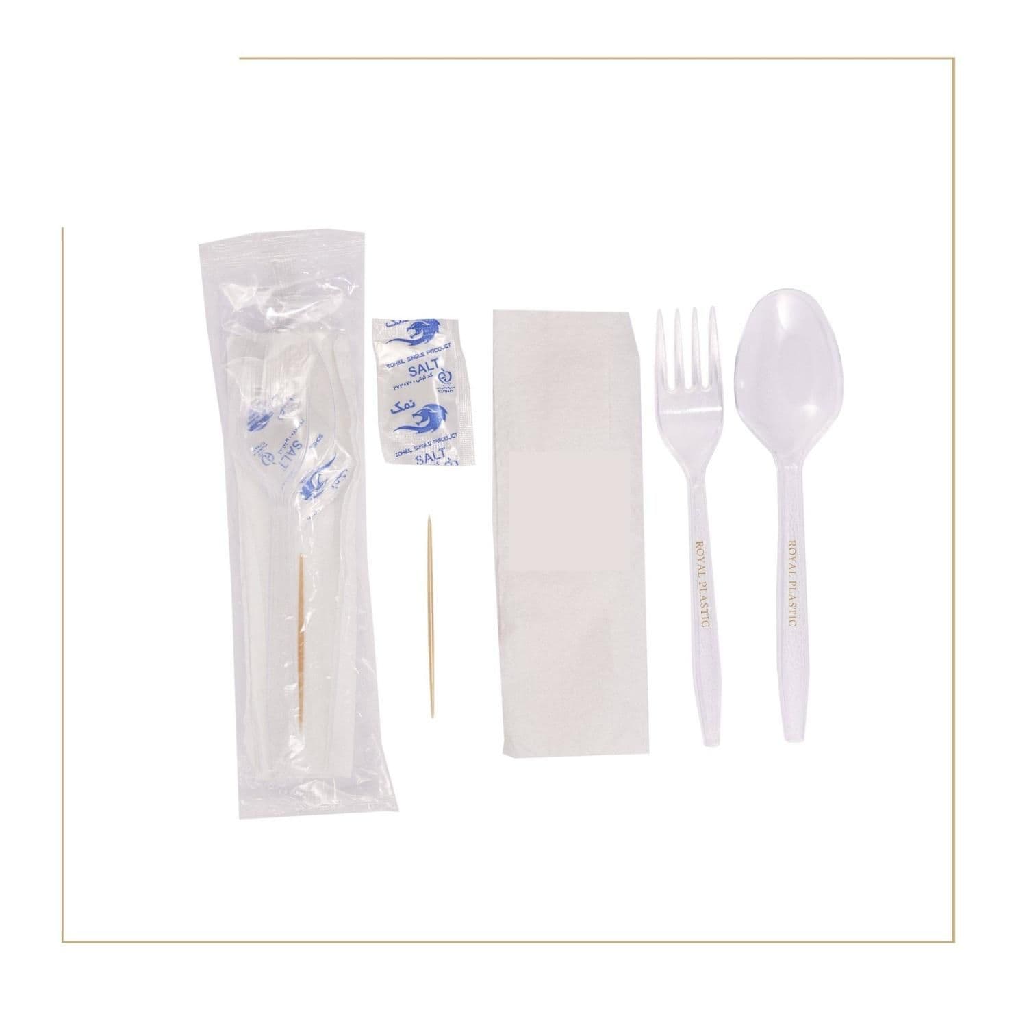 پک قاشق چنگال لدرلی با دستمال و خلال و نمک 100 عددی Pack de Cuchara y Tenedor Desechables Loderli – 100 unidades, con Servilleta, Palillo y Sal