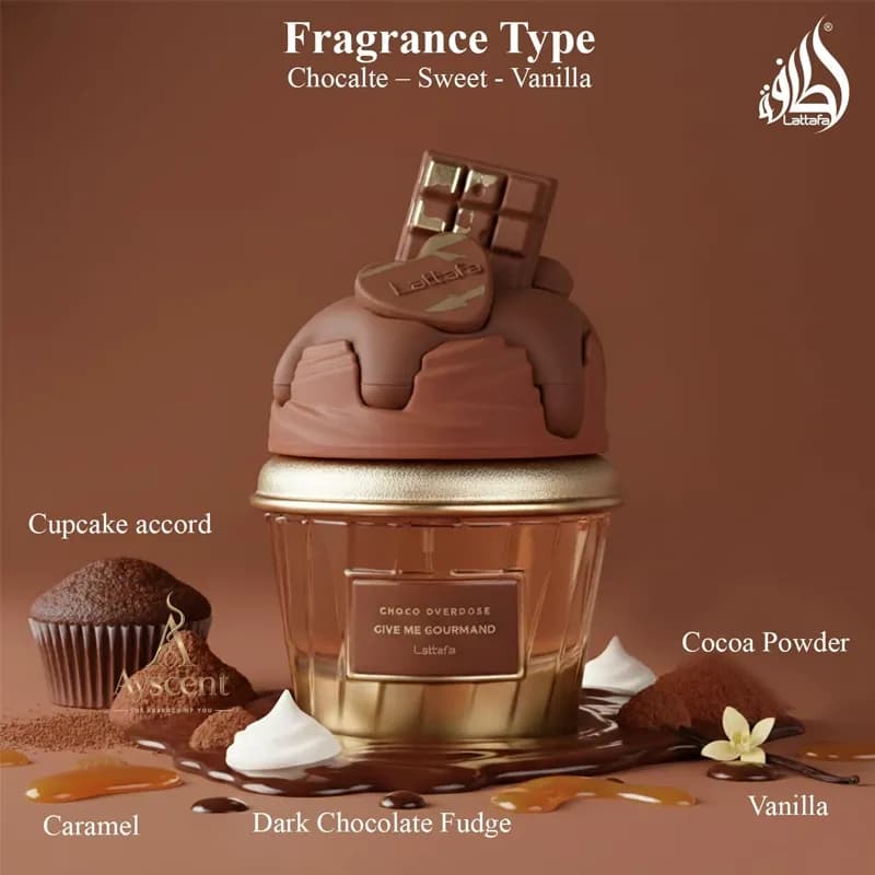ادکلن لطافه کاپ کیک پر از شکلات Lattafa Choco Overdose Give Me Gourmand Eau de Parfum 75 ml — تصویر ۵