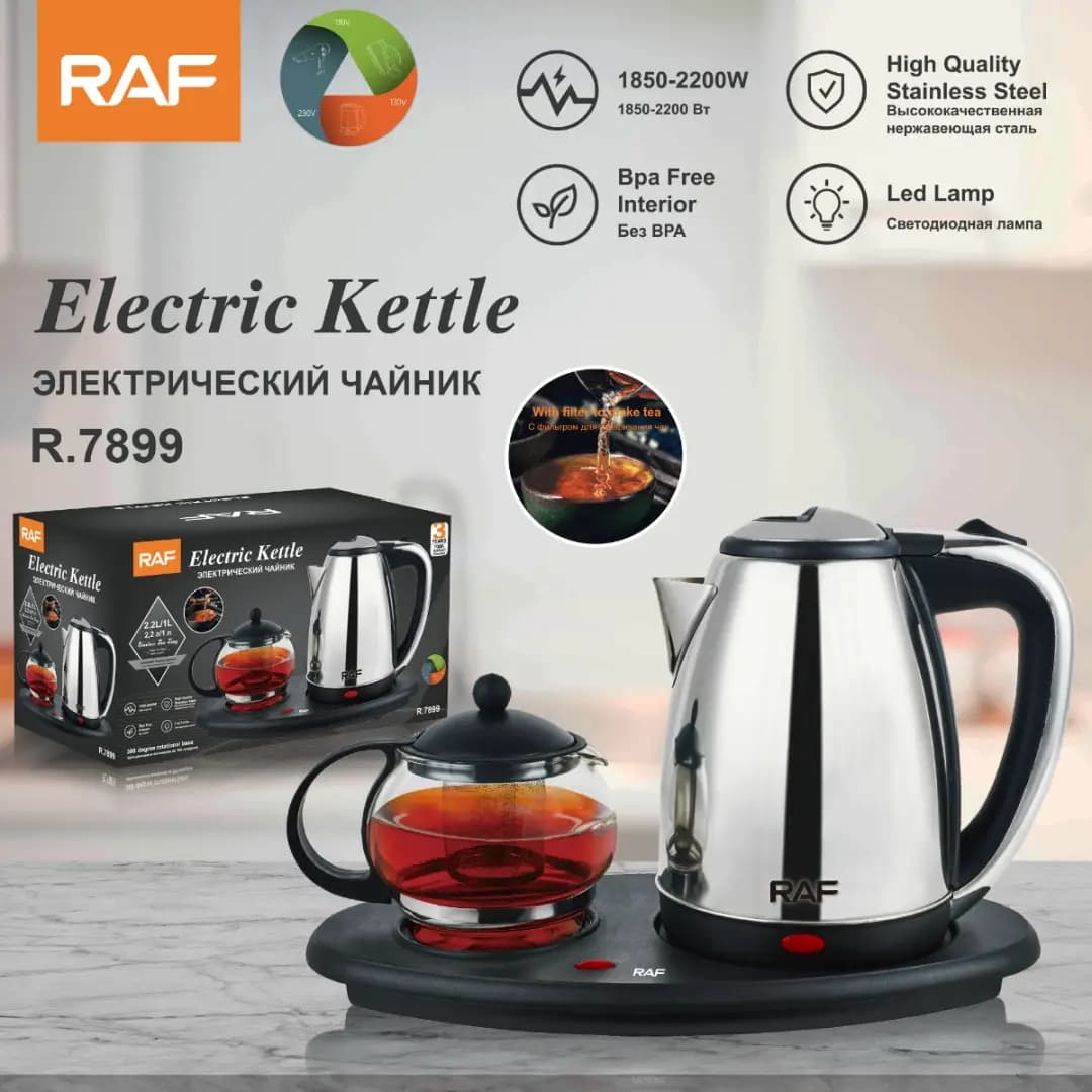 کتری برقی استیل راف مدل Raf R.7899 (همراه قوری شیشه‌ای)