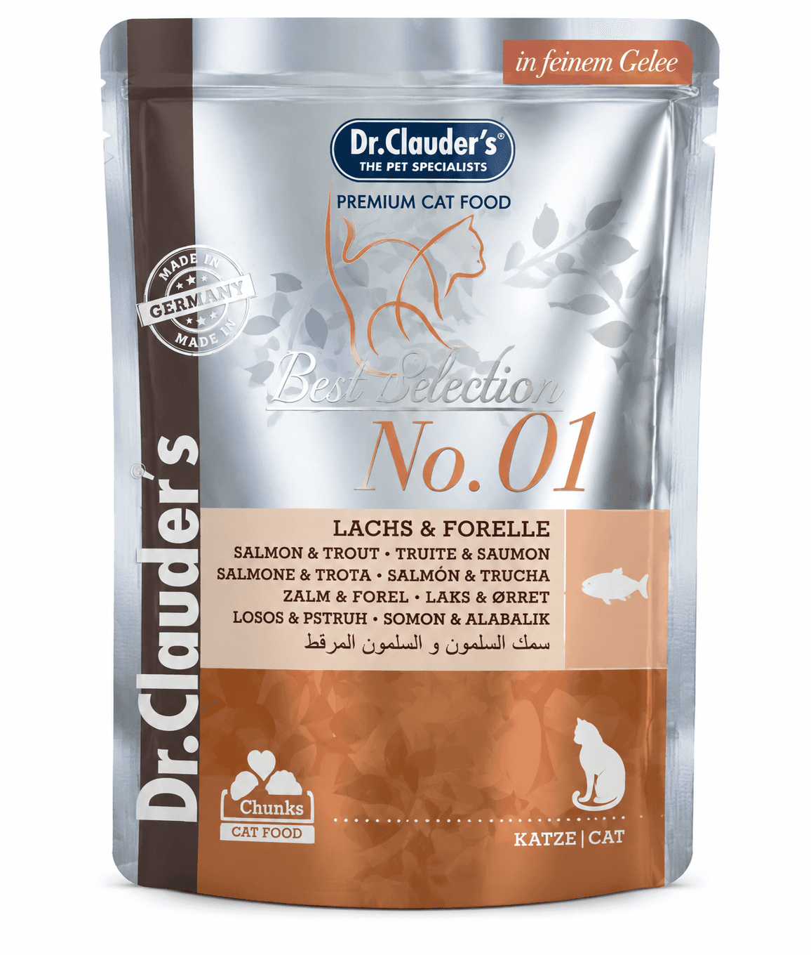 پوچ گربه دکتر کلادرز با طعم سالمون و قزلآلا وزن ۱۰۰ گرم|Dr. Clauders Salmon and Trout in Jelly Pouch