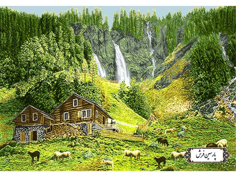 نخ و نقشه تابلو فرش منظره آبشار در دامنه کوه – کد NV869