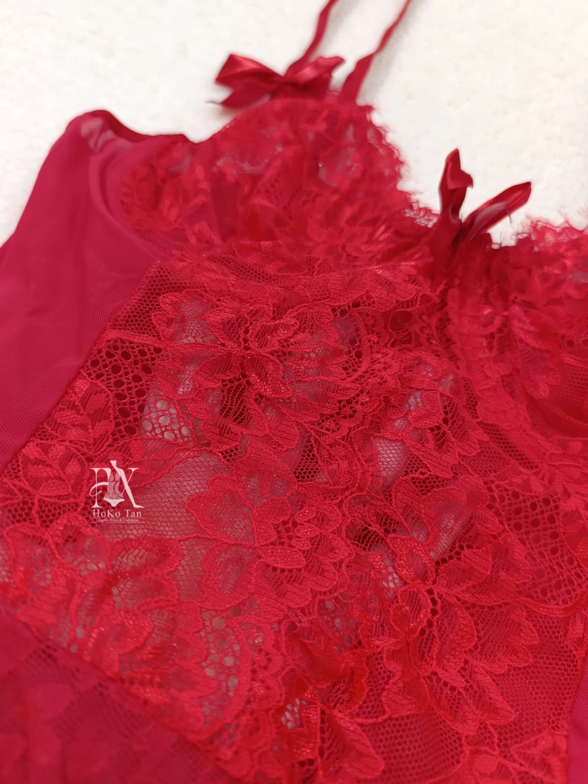 لباس خواب زنانه عروسکی فنردار گیپور قرمز کد 12192 — تصویر ۵