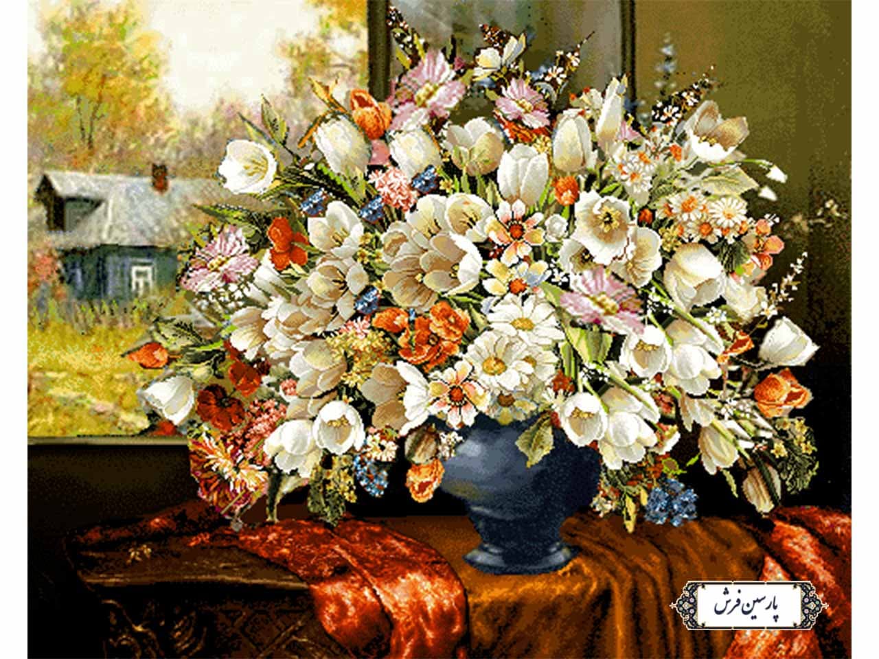 نخ و نقشه تابلو فرش گلدان و منظره زیبا – کد NG1536