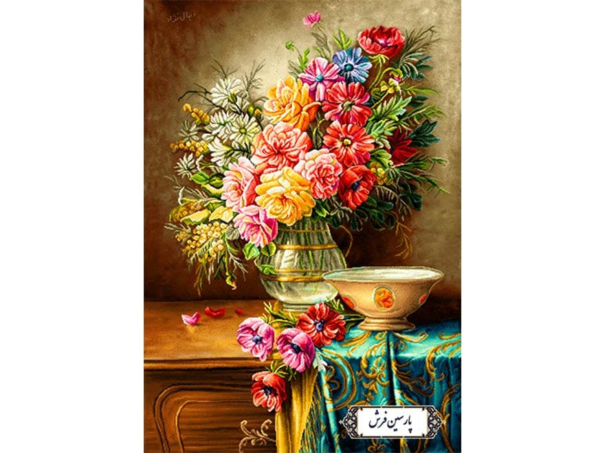 نخ و نقشه تابلو فرش گلدان زیبای روی میز – کد NG1534