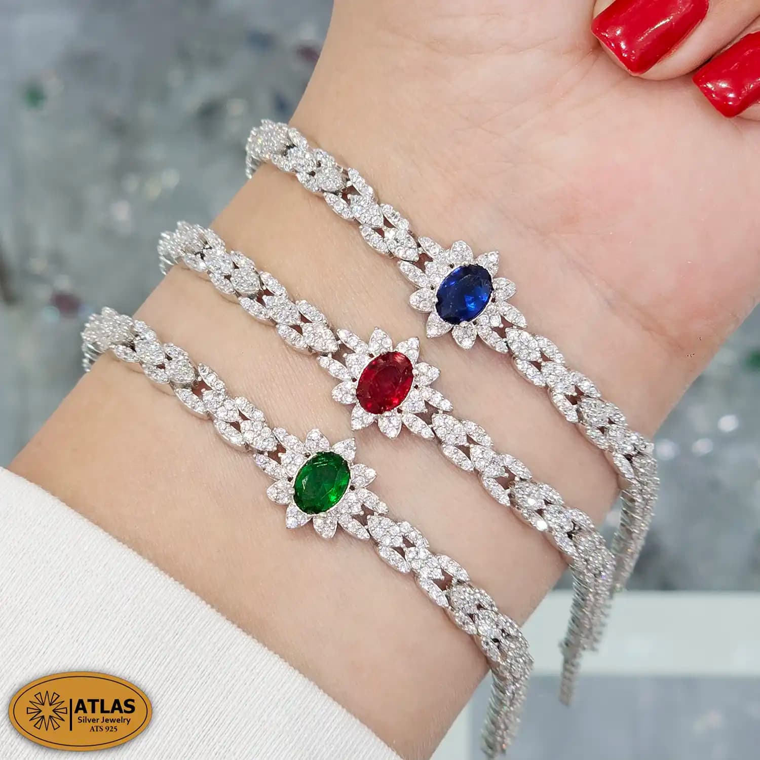 دستبند نقره زنانه طرح گل نگین رنگی مدل B13