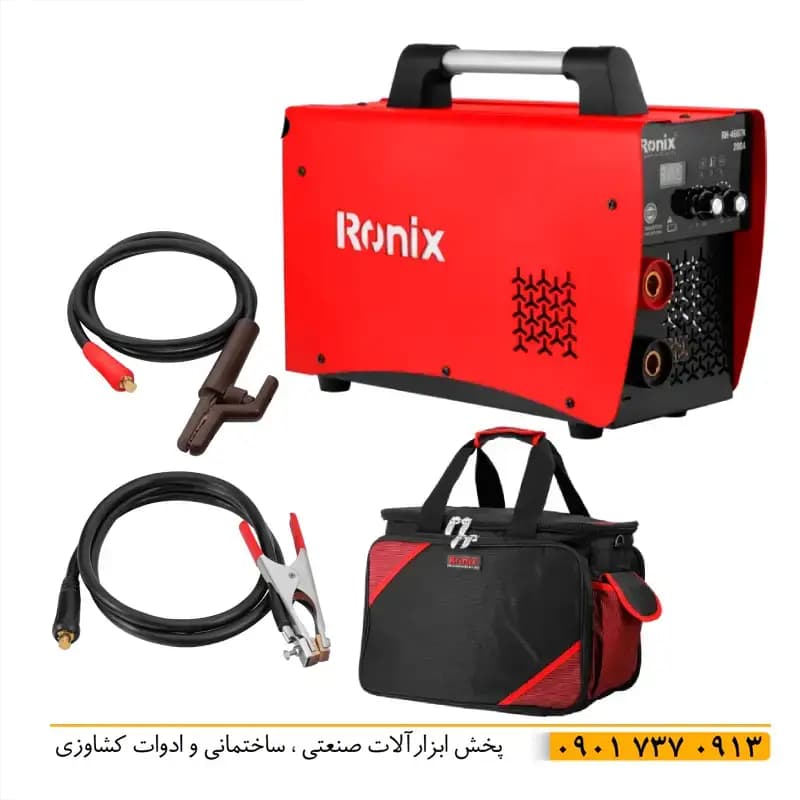 دستگاه جوش رونیکس مدل RH-4607K اصل شرکت رونیکس ضمانت 40 ماهه به همراه کیف حمل و کابل های جوشکاری دو ولوم با قابلیت جوشکاری سیم جوش تا 5 میلی متر حداکثر جریان مصرفی 42 آمپر