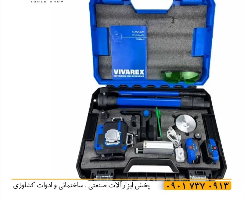 تراز لیزری 16 خط نور سبز ویوارکس 360 درجه سه بعدی طول 50 متر باتری لیتیومی 2 عددی و با 3 پایه و کیف حمل طرح هیوندای کره جنوبی 1604