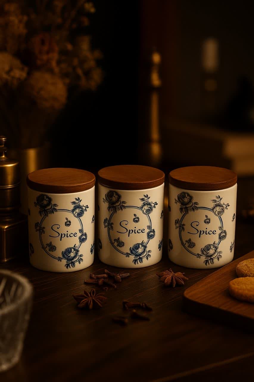 بانکه ادویه درب چوبی طرح گل دار