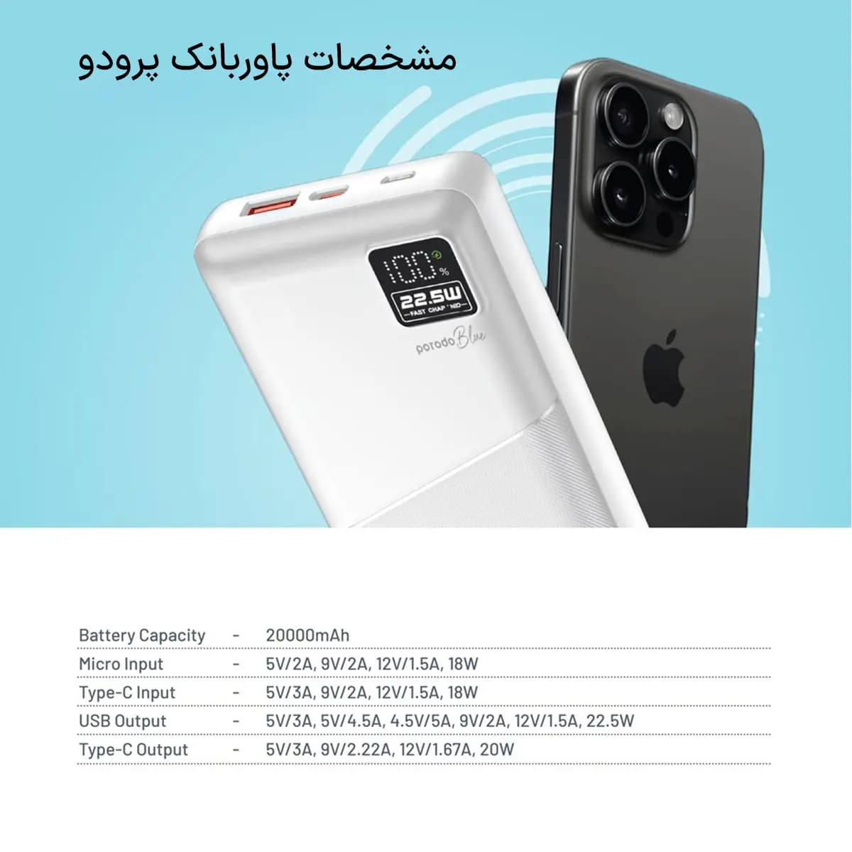 پاوربانک 10000 فست شارژ 22.5 وات پرودو بلو مدل PB053 — تصویر ۵