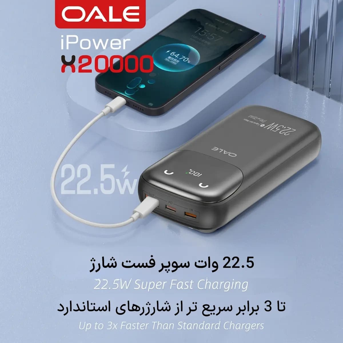 پاوربانک OALE مدل iPower X20000 ظرفیت ۲۰ هزار میلی آمپرساعت — تصویر ۵