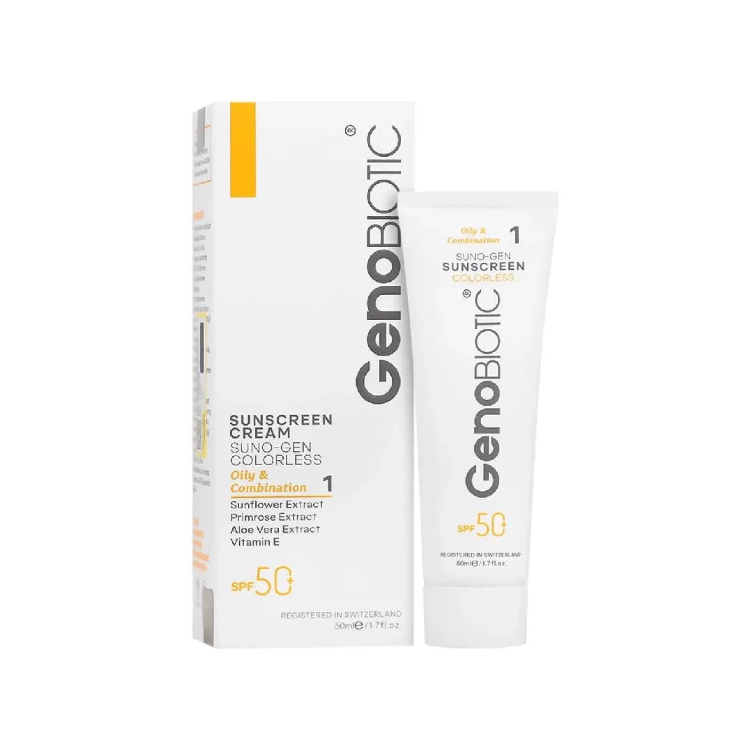 کرم ضد آفتاب ژنوبایوتیک کد 1 مدل SPF50 سانوژن بی رنگ مناسب پوست چرب و مختلط 50 میلی لیتر/Geno biotic SPF50 Colorless SunoGen Sunscreen Cream 1 for oily Skin 50 ml