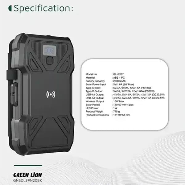 پاوربانک خورشیدی 5 پنل 20000 گرین لاین GNSOL5PN20BK — تصویر ۸