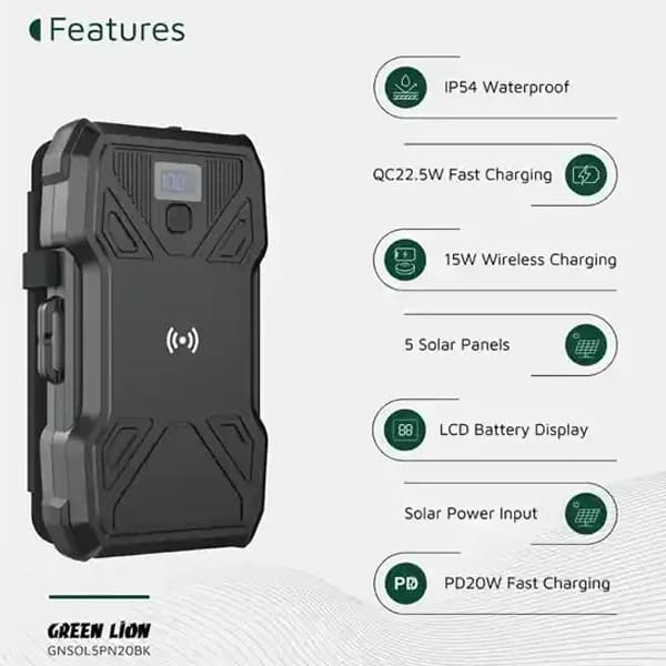 پاوربانک خورشیدی 5 پنل 20000 گرین لاین GNSOL5PN20BK — تصویر ۹