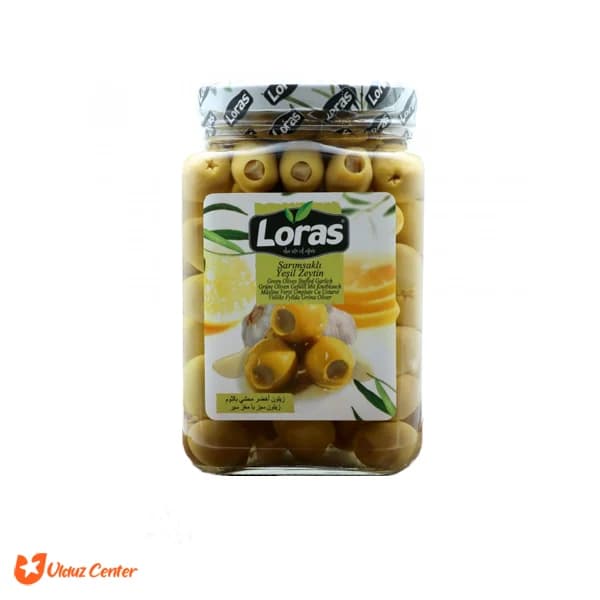 زیتون سبز شیشه ای لوراس با مغز سیر وزن خالص 900 گرم