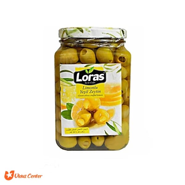 زیتون سبز شیشه ای لوراس با مغز لیمو وزن خالص 900 گرم