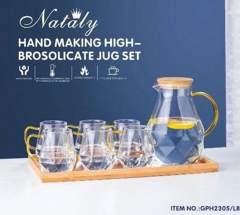 ست پارچ و لیوان پیرکس ناتالی NATALY با سینی چوبی مدل 2305