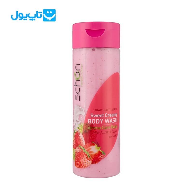 شامپو بدن کرمی شون Schon رایحه شیر و توت‌فرنگی Strawberry & Milk حجم 300 میلی‌لیتر
