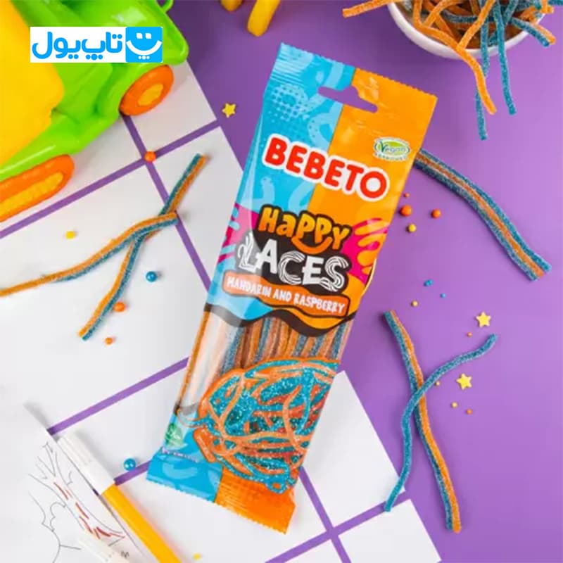 پاستیل رشته ای شکری ببتو Bebeto مدل Happy Laces طعم نارنگی و تمشک وزن 75 گرم — تصویر ۲