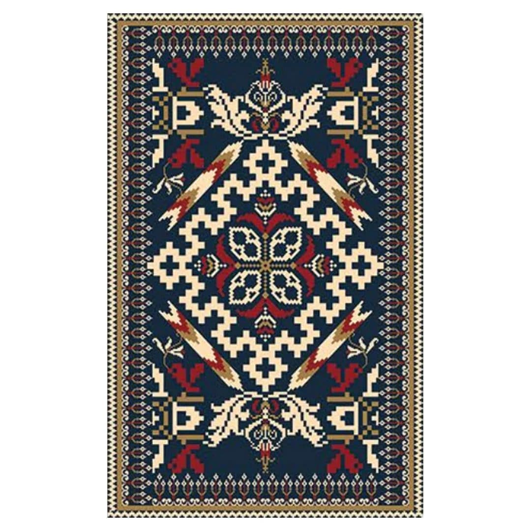 فرشینه مخمل ترک طرح عشایری کرم سرمه ای کد O171 — تصویر ۳