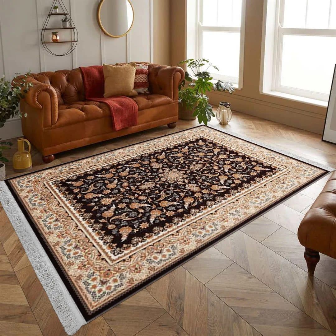 فرشینه مخمل ترک طرح افشان مشکی کرم کد O136 — تصویر ۲