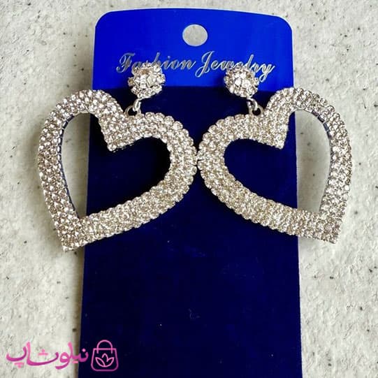 گوشواره زنانه مجلسی درشت مدل قلب پرنگین براق کد 3391