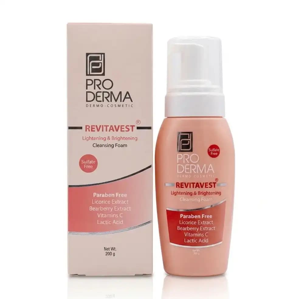 فوم شستشو و روشن کننده صورت پرودرما (PRO DERMA) مدل Revitavest (مناسب انواع پوست) وزن ۲۰۰ گرمی