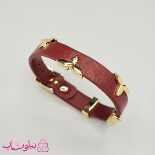 دستبند زنانه لویی ویتون مدل چرم استیل زرشکی کد 550 — تصویر ۲