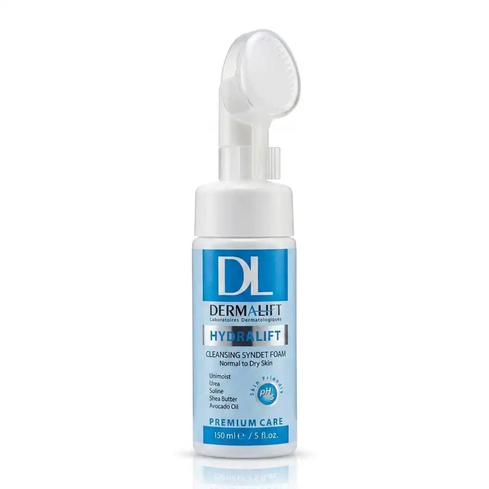 فوم شستشوی براش دار صورت درمالیفت (Dermalift) مدل هیدرالیفت (Hydralift) پوست خشک و معمولی فاقد صابون (Syndet) آبی حجم 150 میلی لیتری