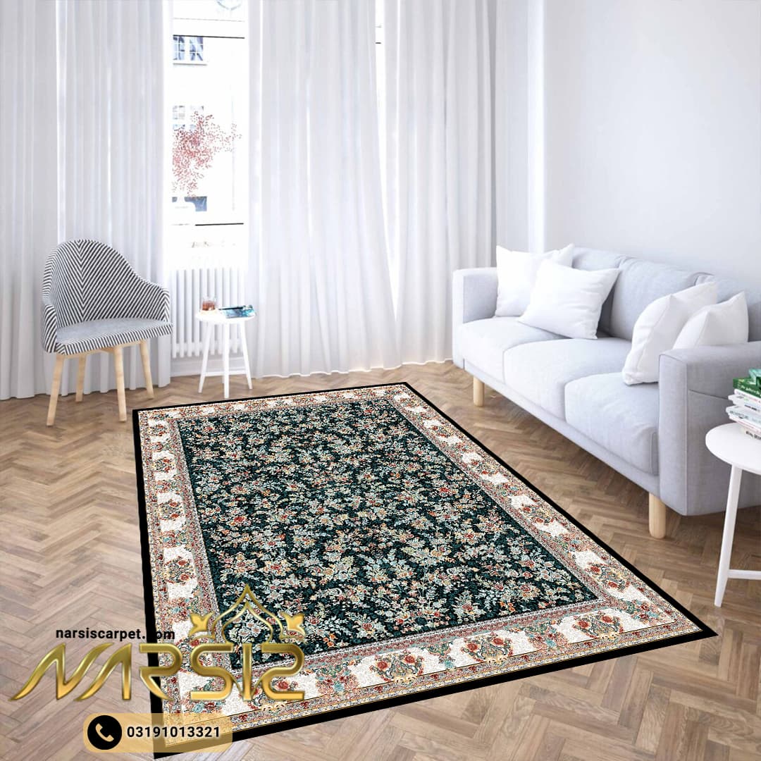 فرشینه فرش طرح باغ گل فیلی رنگ سرمه ای کد 9006 — تصویر ۴
