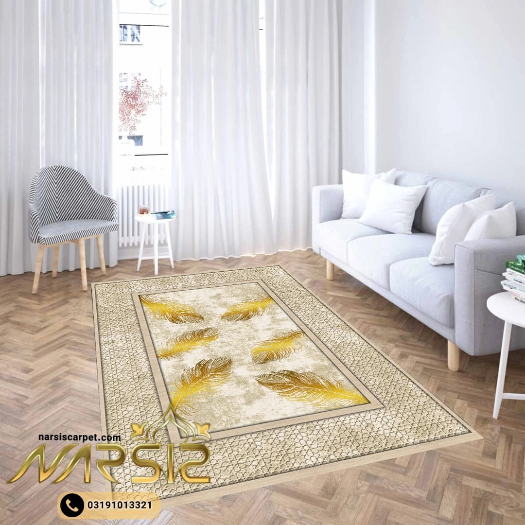 فرشینه پذیرای طرح پر طلایی حاشیه پنجره هندسی کد 8039 — تصویر ۴