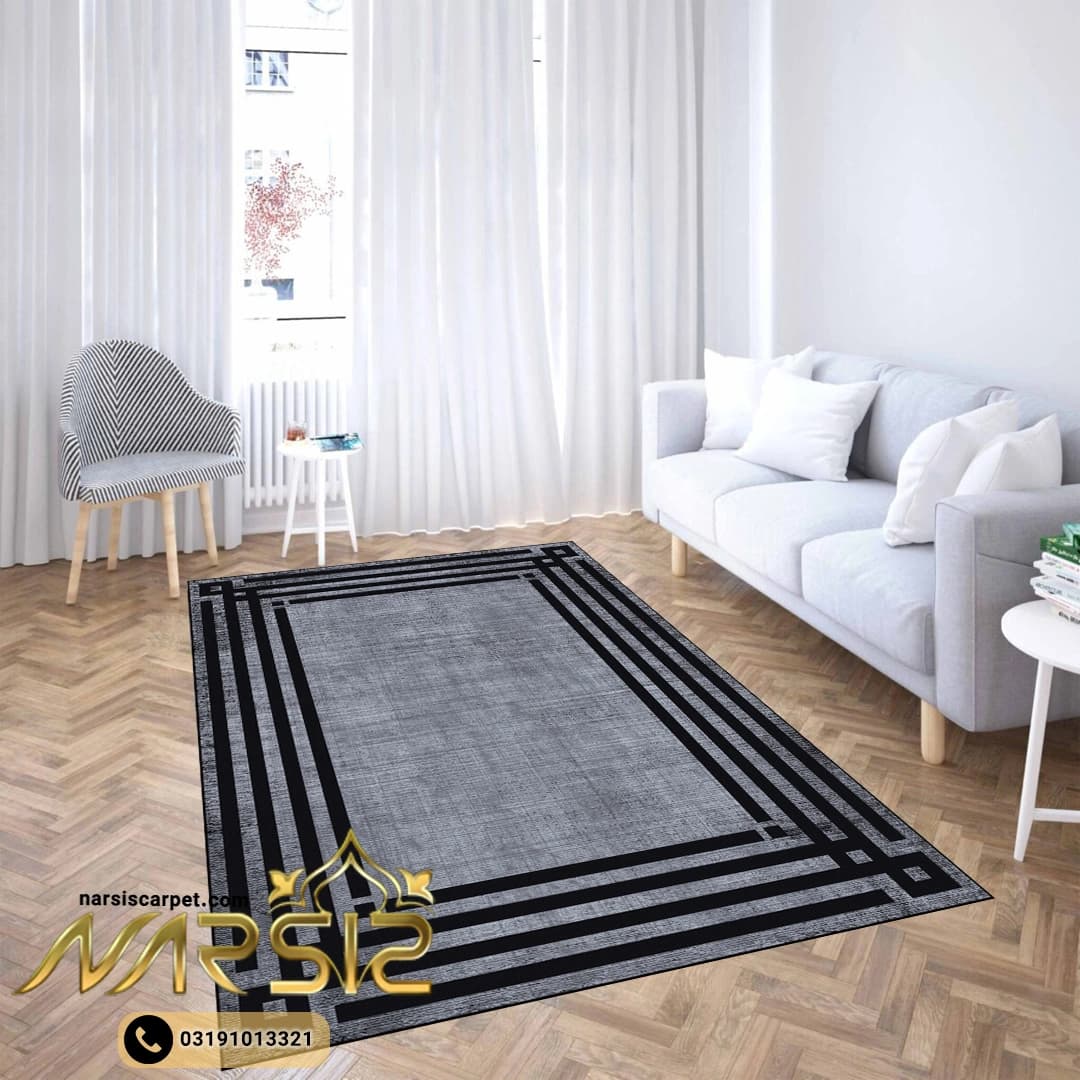 فرشینه پذیرای طرح حاشیه هندسی رنگ طوسی کد 8034 — تصویر ۴