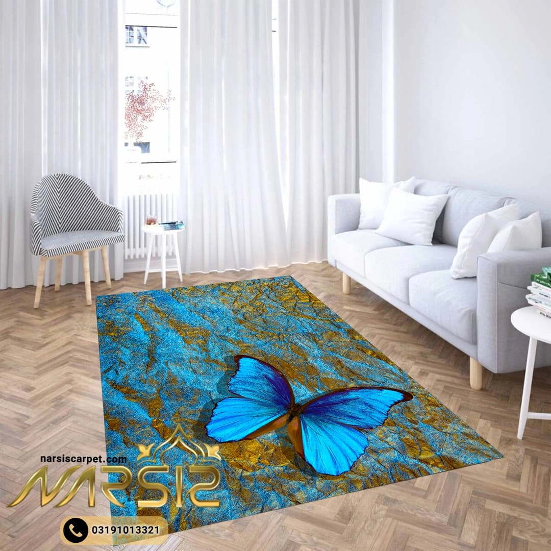 فرشینه اتاق خواب طرح پروانه رنگ آبی کد 8029 — تصویر ۴