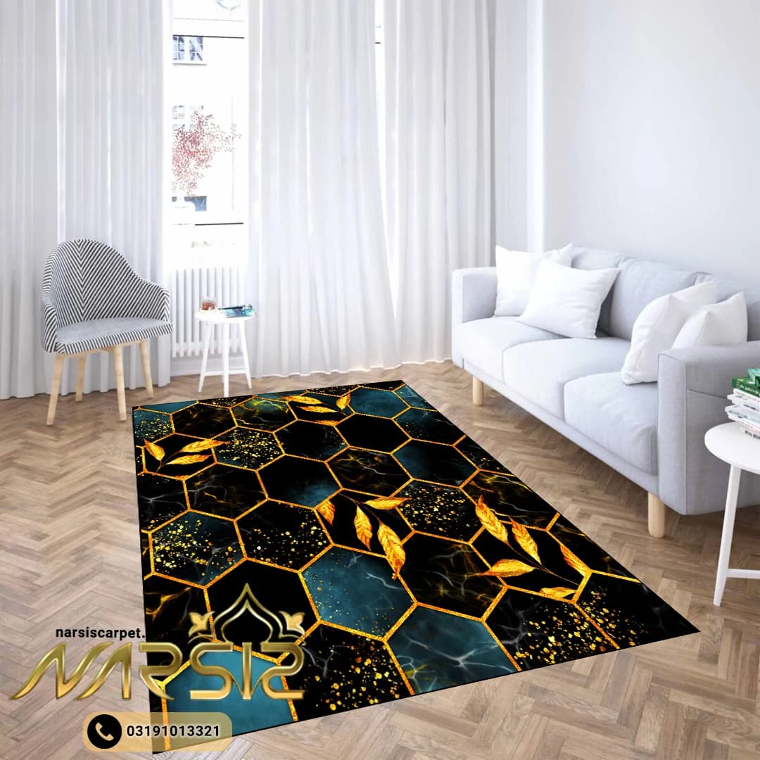 فرشینه اتاق خواب مدرن طرح شش ضلعی مشکی طلایی کد 8014 — تصویر ۴