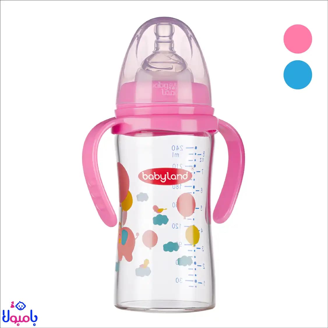 شیرخوری پیرکس دسته دار دهانه عریض240 میل بیبی لند