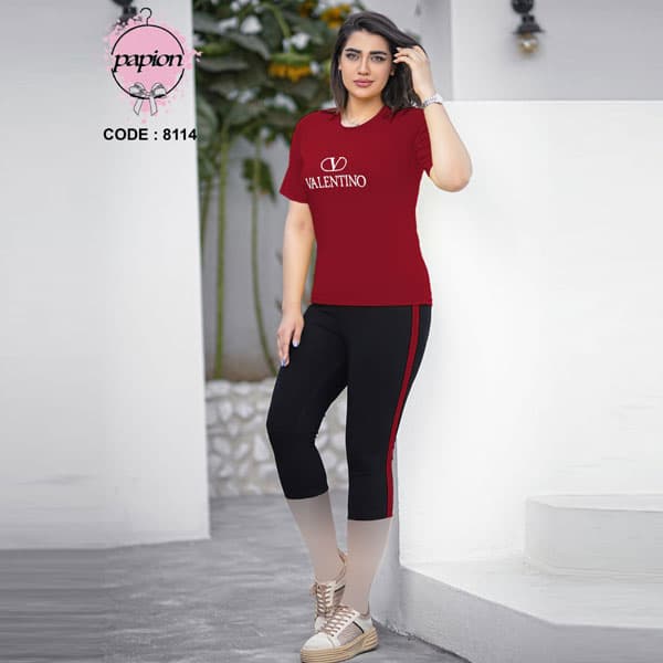 ست تیشرت و شلوارک زنانه والنتینو زرشکی کد 8114