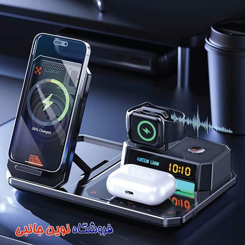 استند شارژر وایرلس گرین لاین مدل 6 در 1 چند کاره دارای اسپیکر ا Green Lion 6 in1 Multi functional Wireless Charger (تک/عمده) — تصویر ۴