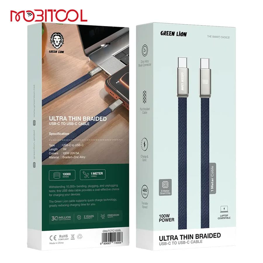 کابل شارژ تایپ سی 100 وات گرین لاین Green Lion Ultra Thin Braided USB-C to USB-C Cable — تصویر ۴