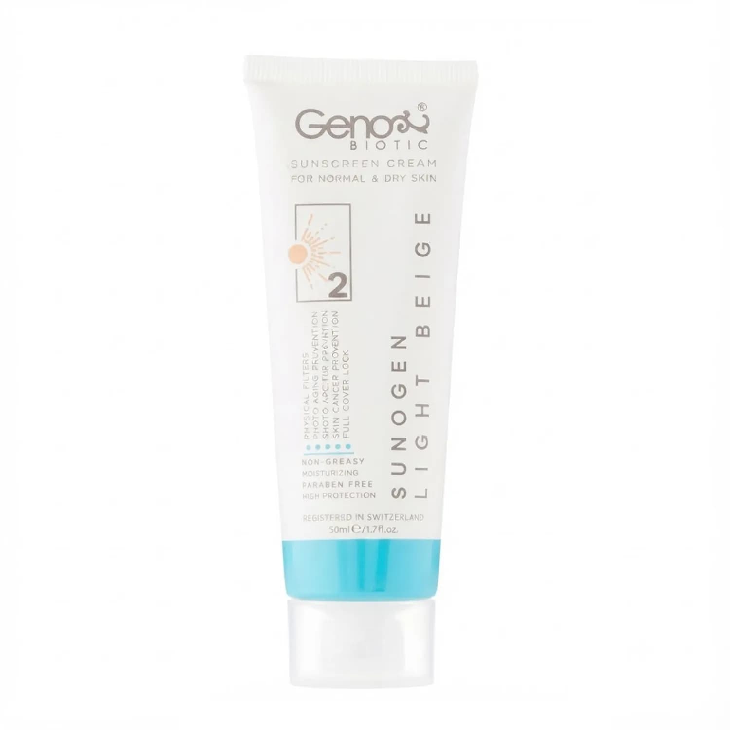 کرم ضد آفتاب بژ روشن ۲ پوست خشک SPF50 ژنو ۵۰ میلیلیتر | Geno Sunscreen SPF50 Beige Light 2 for Dry Skin 50ml