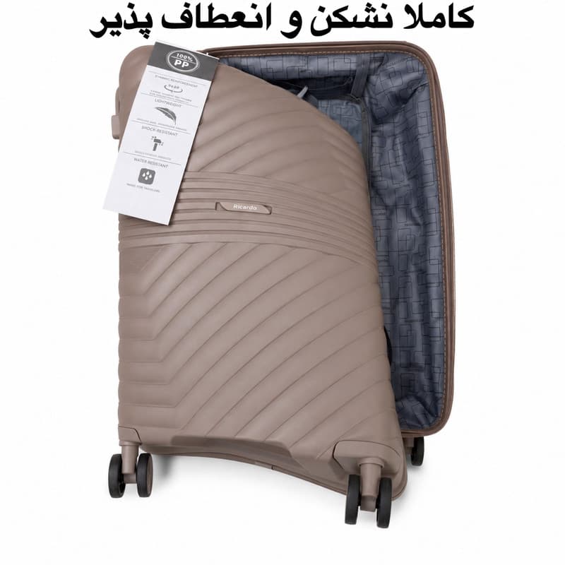 مجموعه سه عددی چمدان ریکاردو مدل Flight با جنس پلی‌پروپیلن و طرح راه‌راه نرم با زیپ دوبل و هشت چرخ — تصویر ۷