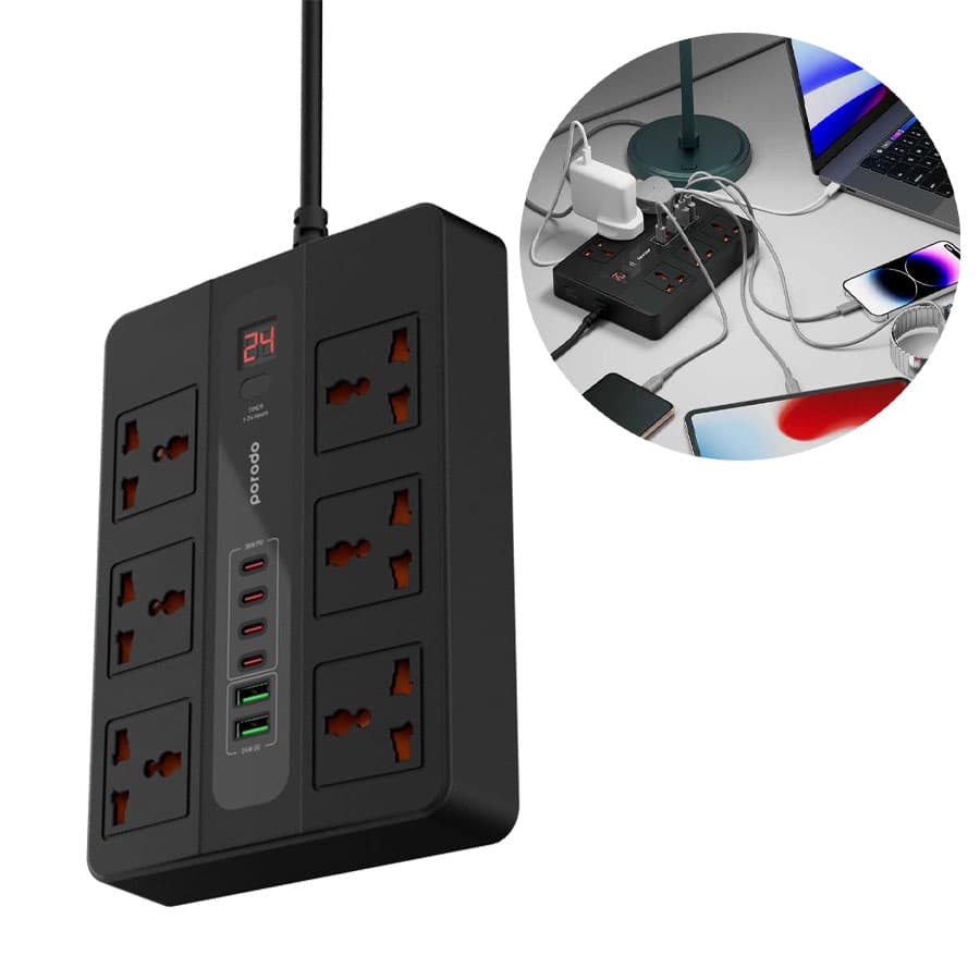 چند راهی و محافظ برق تایمر دار 65 وات پرودو Porodo Multi-Port Super Hub 3000W PD-FWCH009-3M-BK