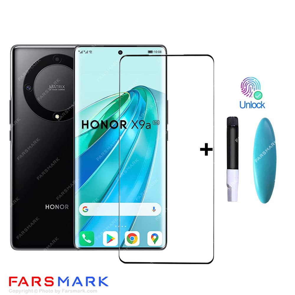 گلس تمام صفحه یووی شفاف Honor X9a با چسپ UV