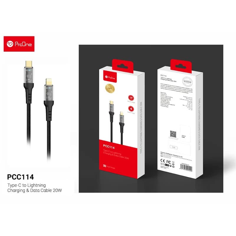 کابل شارژ تایپ سی به لایتنینگ فست شارژ 20 وات پرووان PCC114 طول 1 متر — تصویر ۲