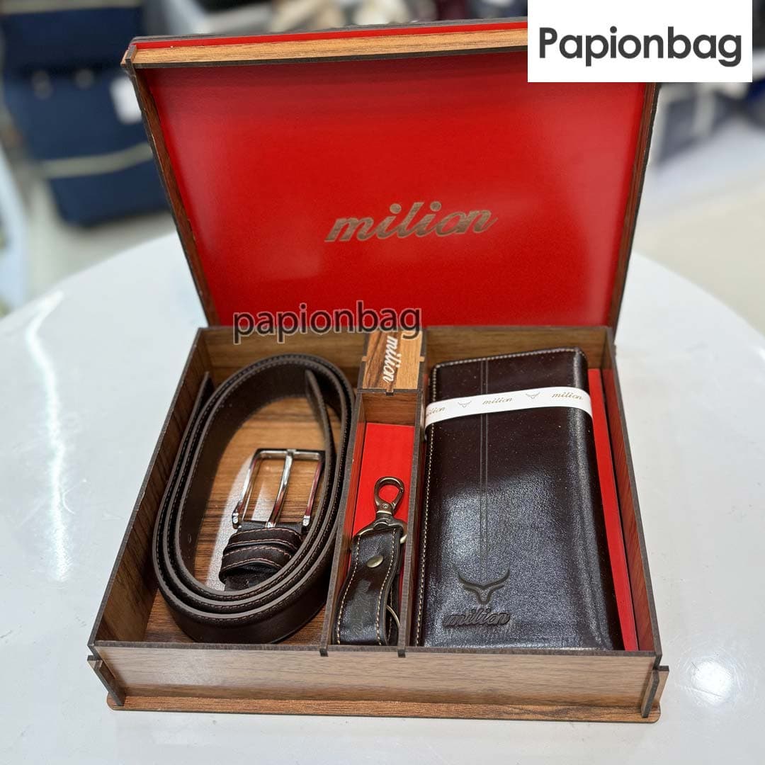 ست 3تیکه چرم طبیعی مردانه (کیف پول، کمربند، سرکلیدی) رنگ قهوه ای کد735