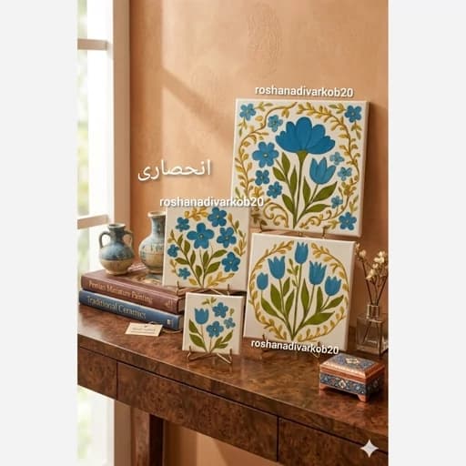 تابلو نقاشی هنر دست ست 4عددی گل آبی