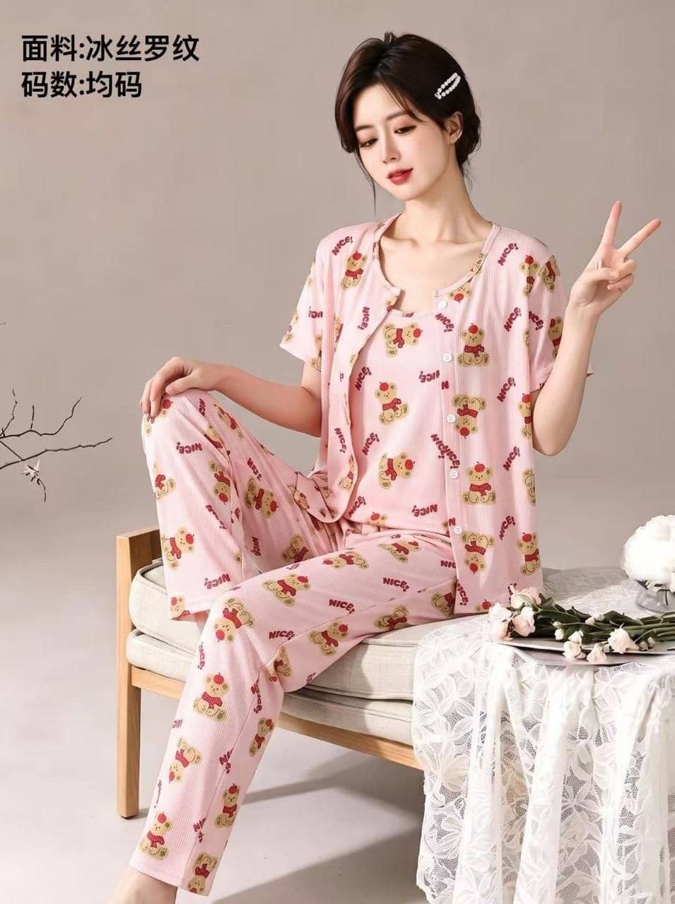 ست سه تیکه راحتی بلوز و تاپ و شلوار پنبه کبریتی دخترانه و زنانه کد 9653