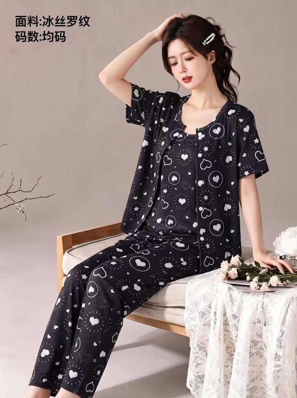 ست سه تیکه راحتی بلوز و تاپ و شلوار پنبه کبریتی دخترانه و زنانه کد 9649